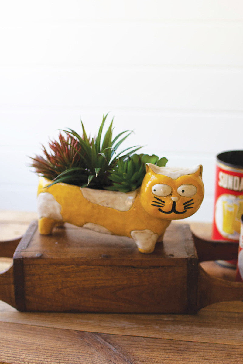 Yellow & White Ceramic Cat Planter