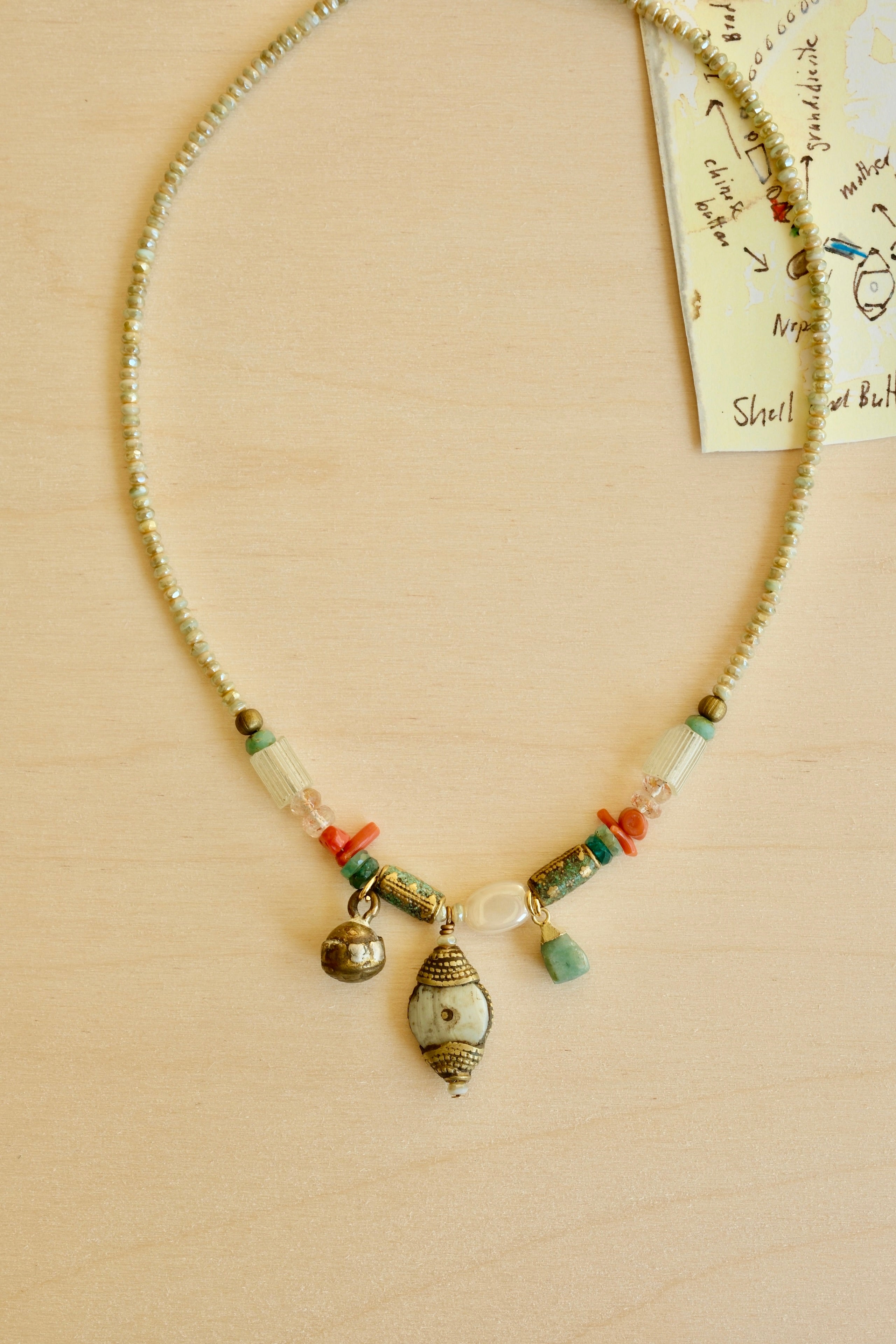 Shell Button & Emerald Necklace