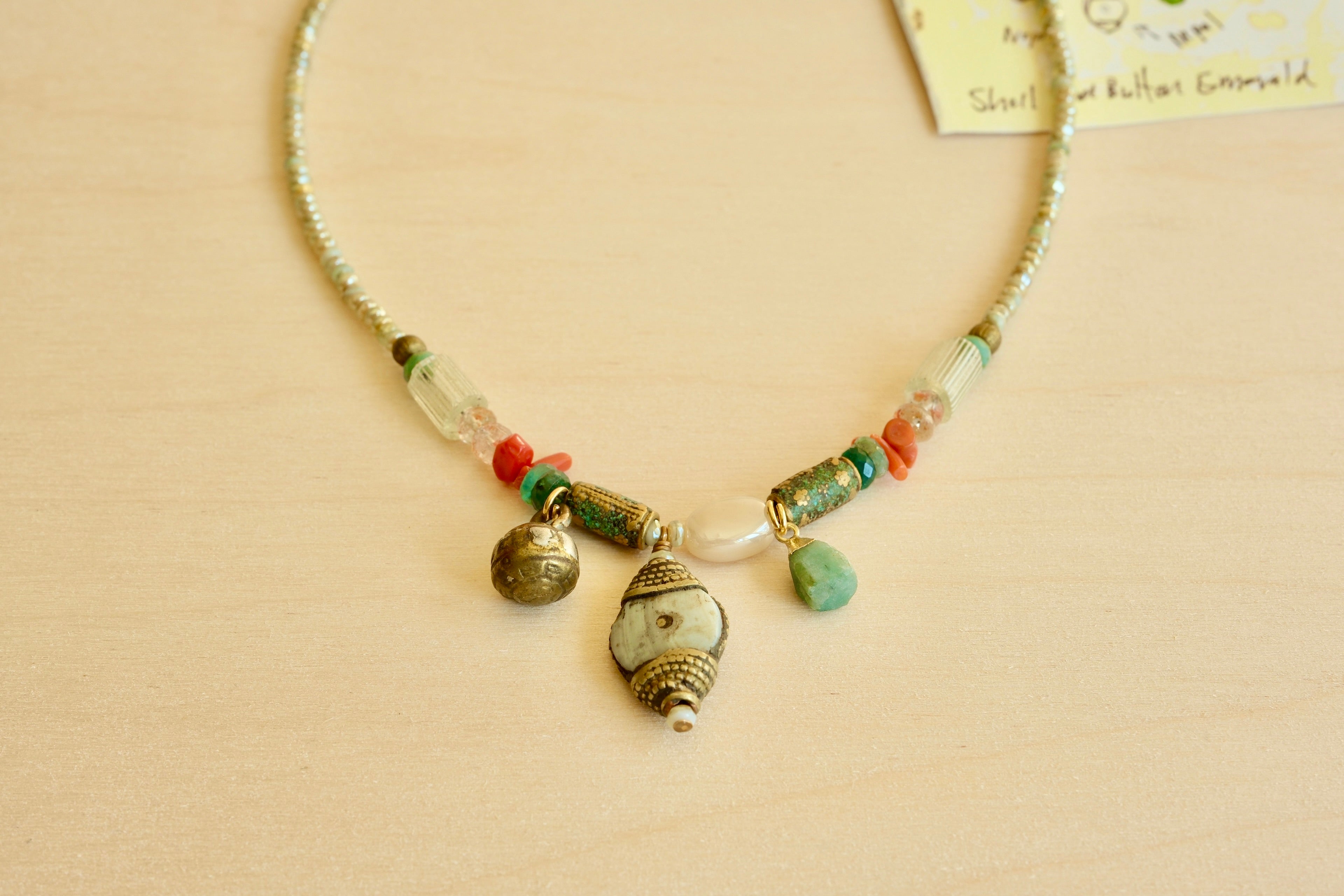 Shell Button & Emerald Necklace