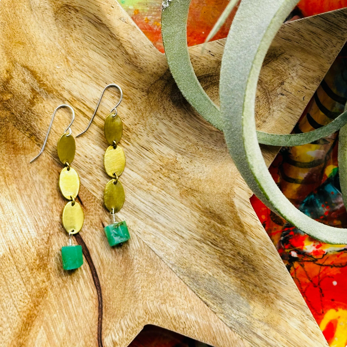 Brass Chain Chrysoprase Earrings