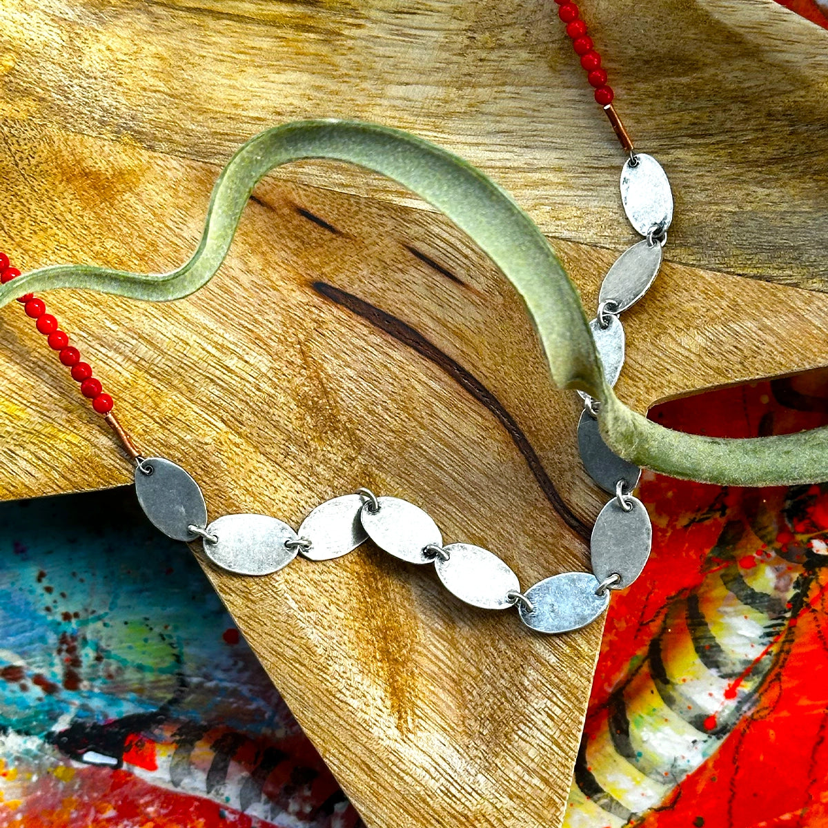 Coral Beads with Silver & Lapis Necklace
