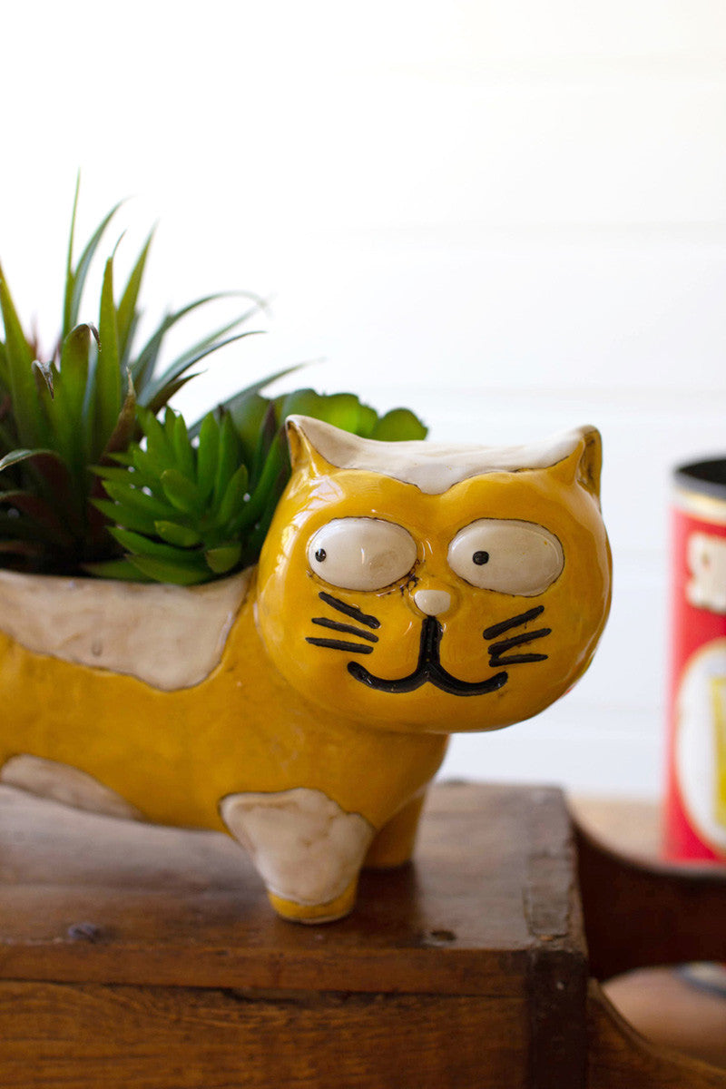 Yellow & White Ceramic Cat Planter