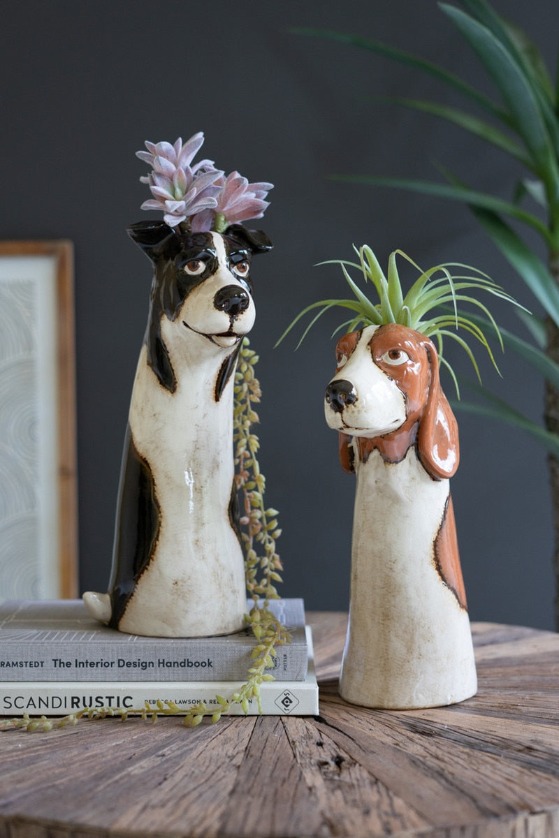 Ceramic Black & Brown Spotted Dog Planters