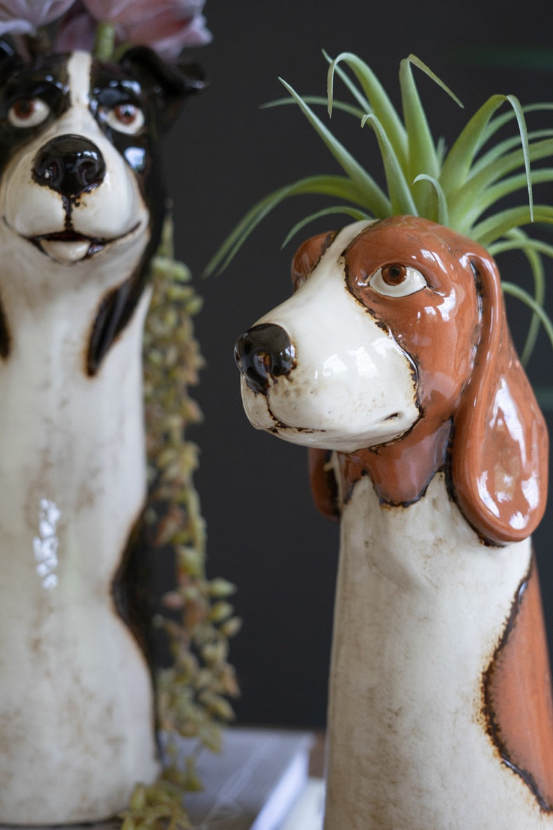 Ceramic Black & Brown Spotted Dog Planters