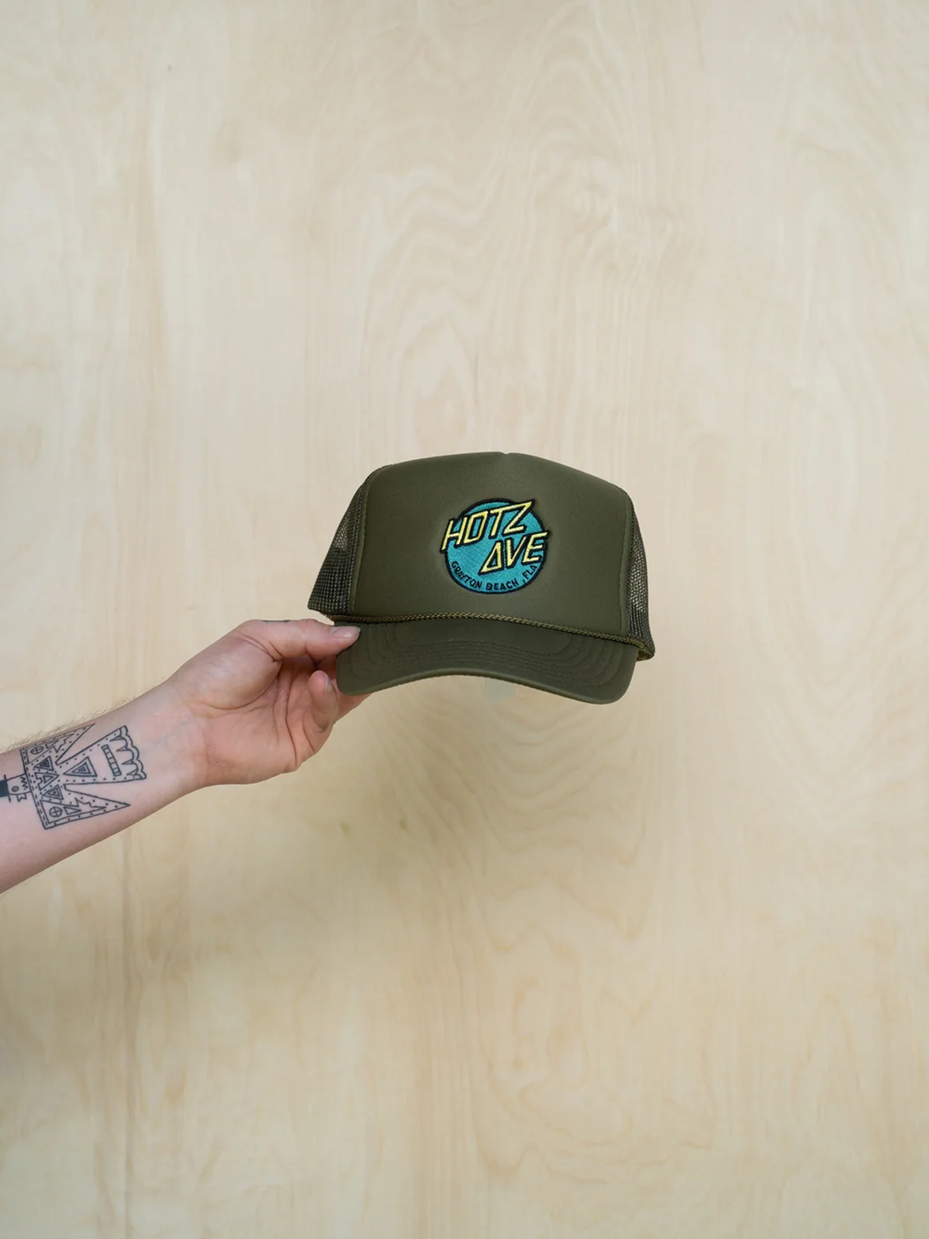 Embroidered Trucker Hotz Ave Hat Olive