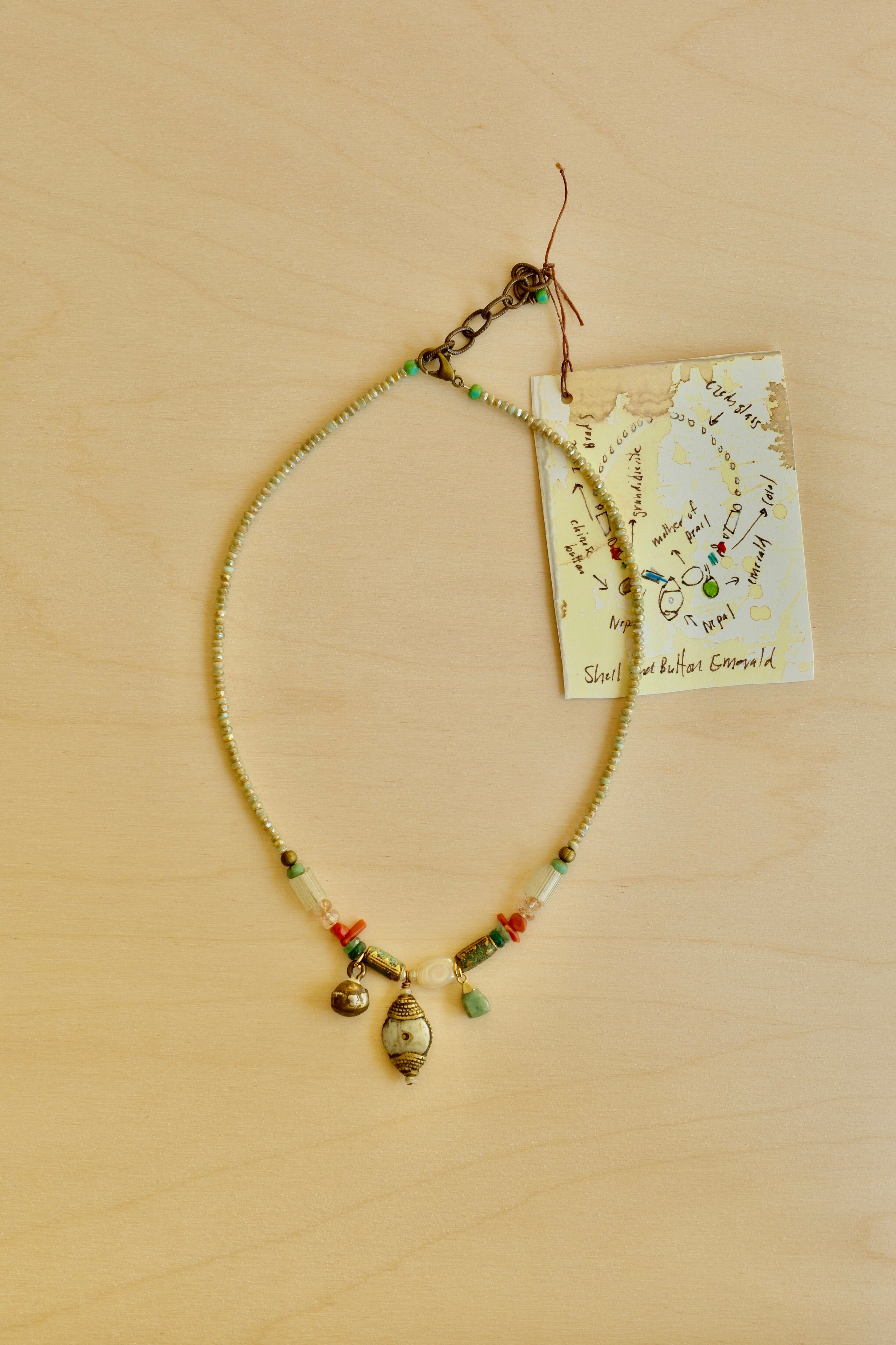 Shell Button & Emerald Necklace