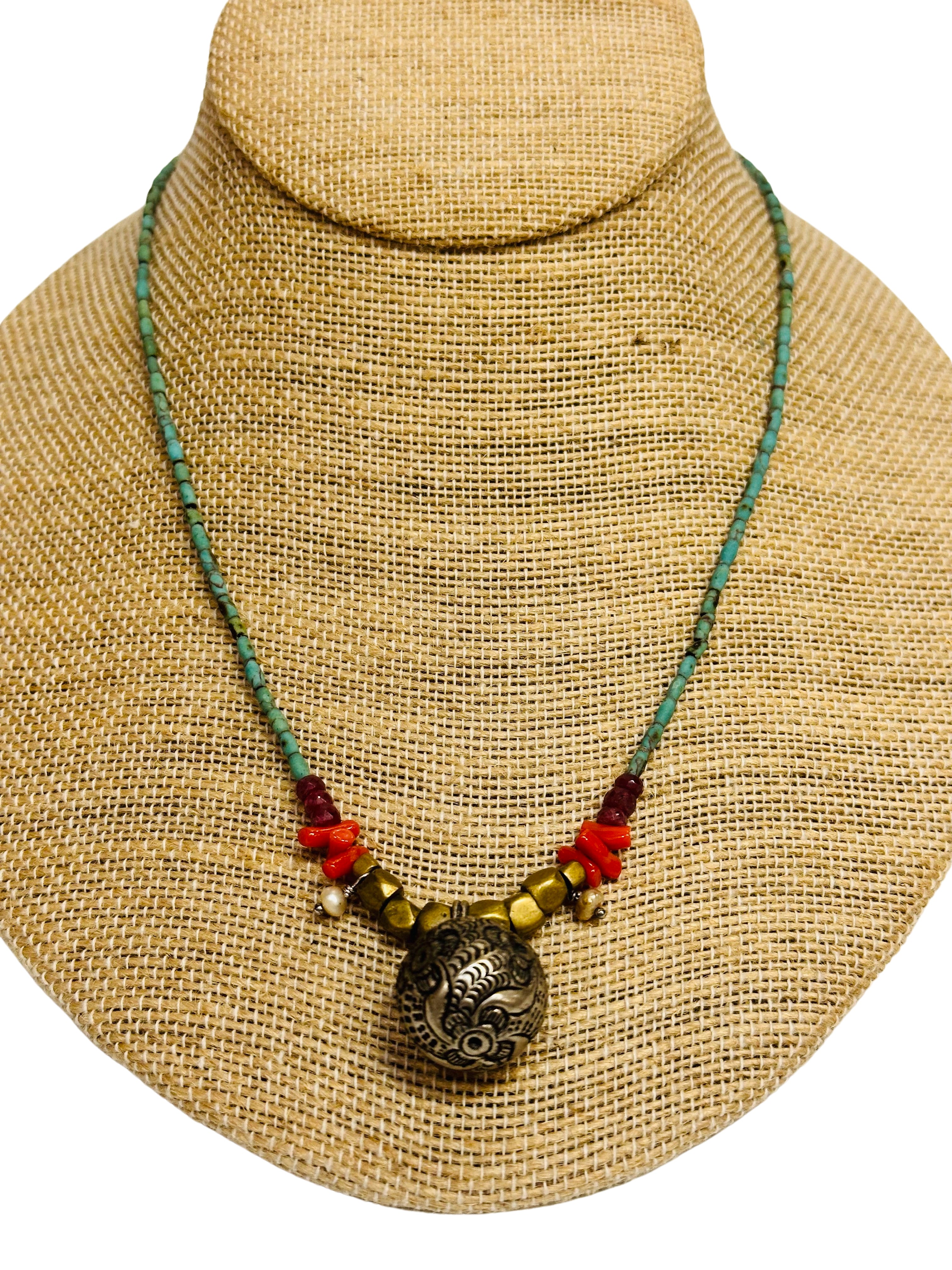 Silver Bell Ruby Turquoise Short Necklace