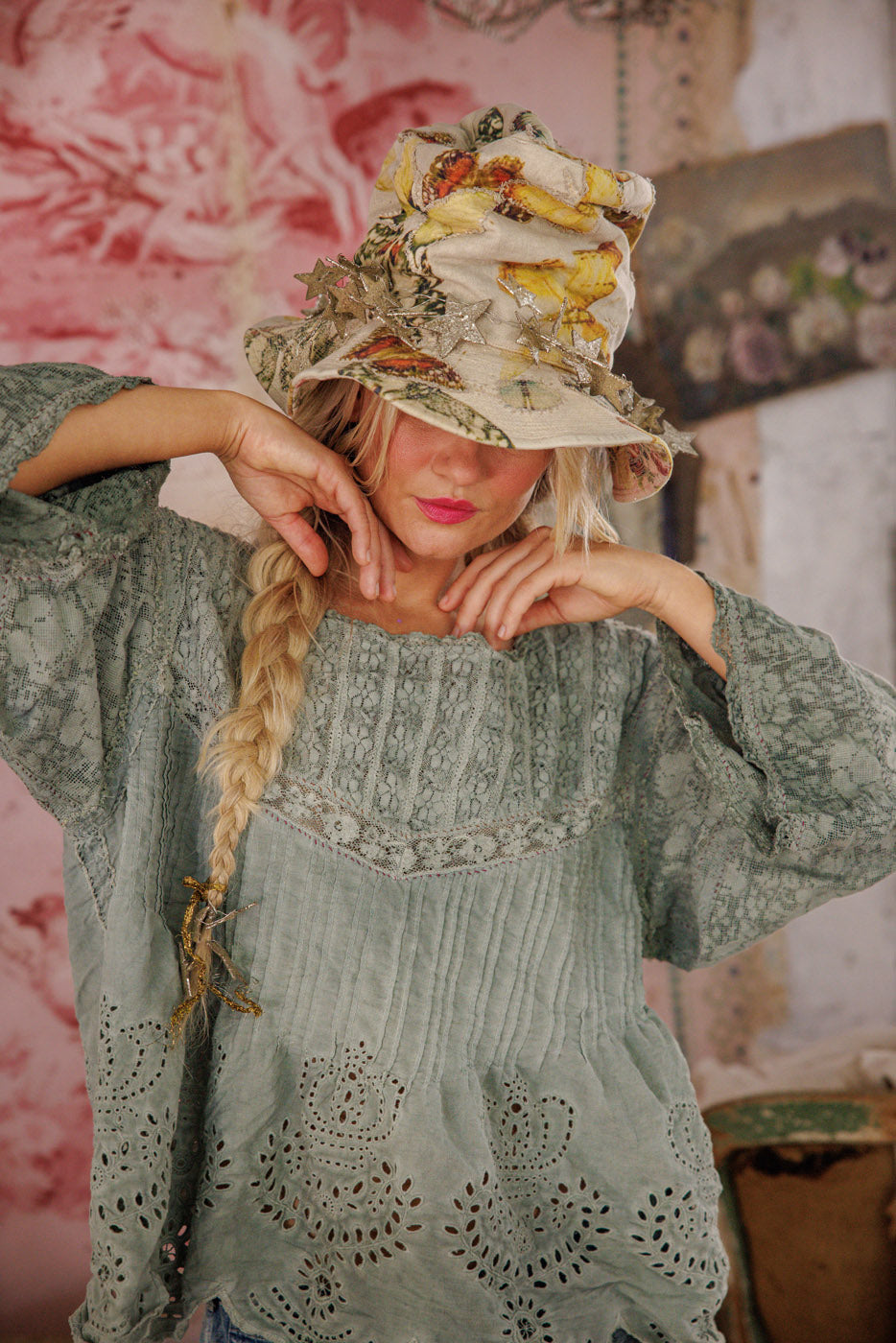 Top 2320 Seafoam Gray Crochet Jodi Blouse O/S
